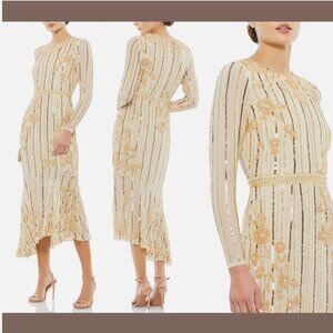 NWT $338 Mac Duggal Long Sleeve Tea Embellished Dress in Nude Gold [‎ 16 ] Q456